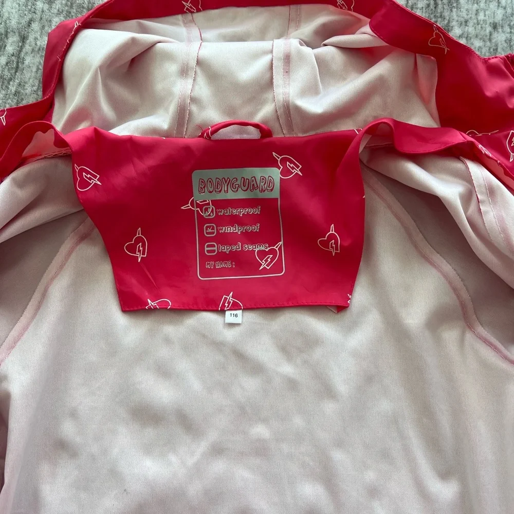 Girls Pink Waterproof Raincoat Hooded Jacket Hearts EU 116 US 5-6